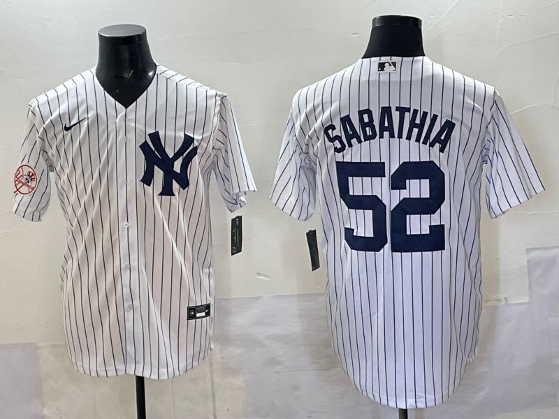 Men New York Yankees 52 Sabathia White Stripe Nike MLB 2025 Jersey 06